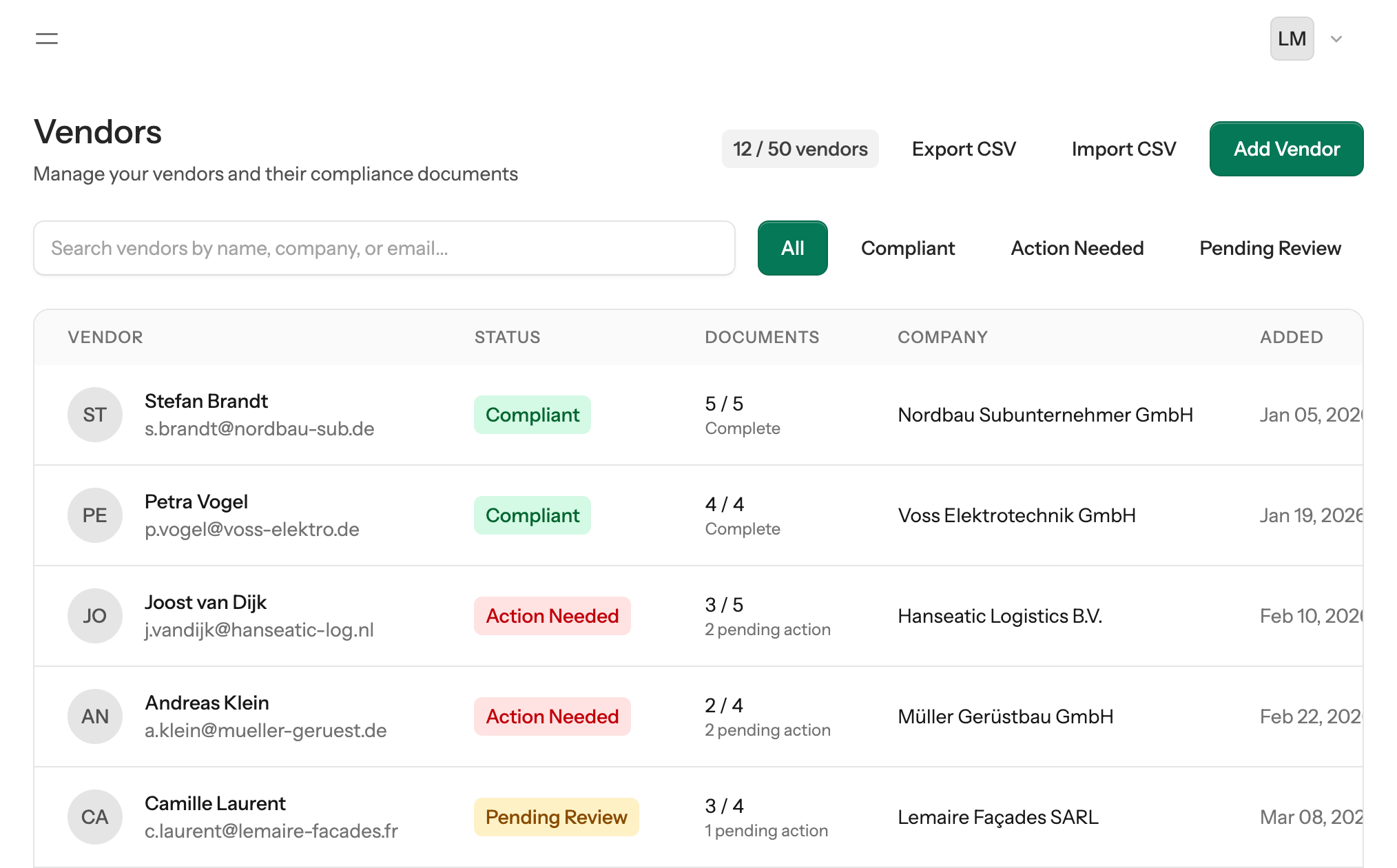 VendorOps vendor list showing per-vendor compliance status across EU contractors