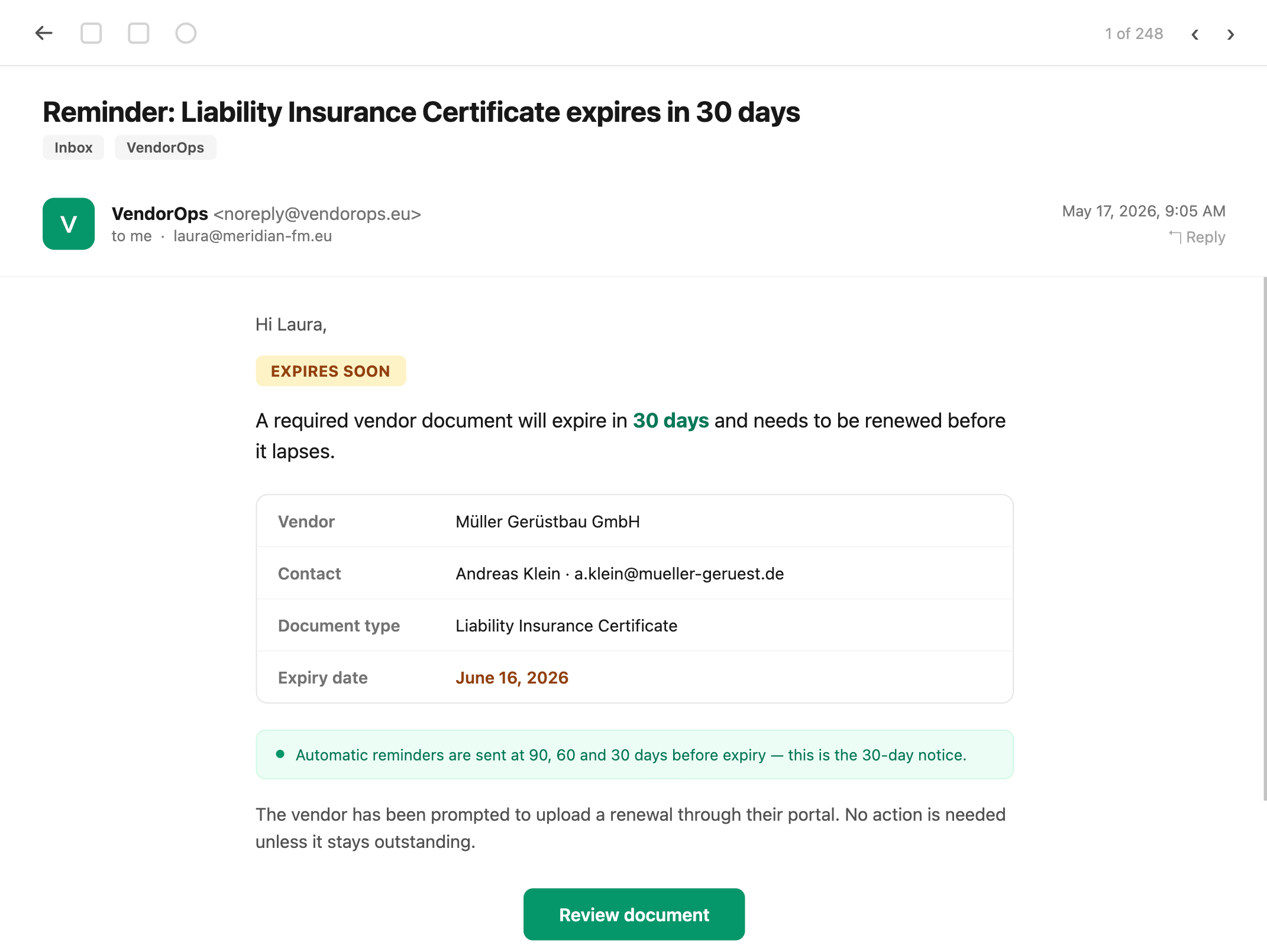 Upcoming and expired vendor documents with 90/60/30-day reminder schedule in VendorOps