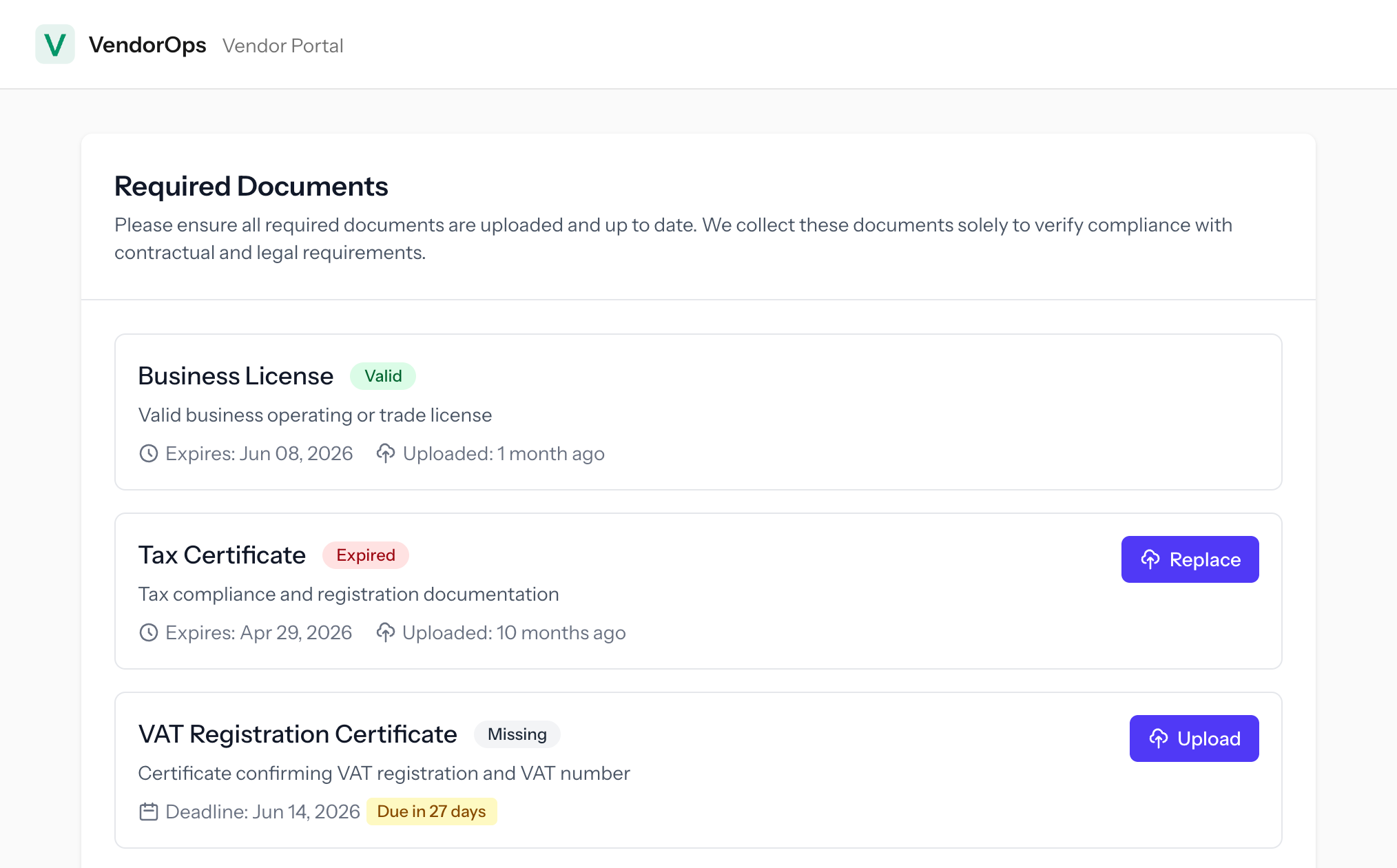 The no-account vendor self-service document upload portal in VendorOps